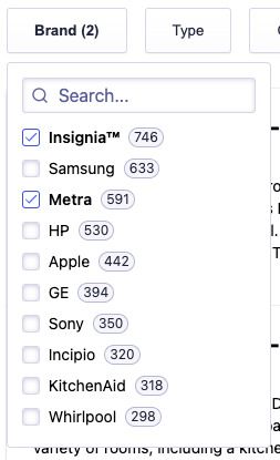 Facet drop-down menu showing the number of current refinements