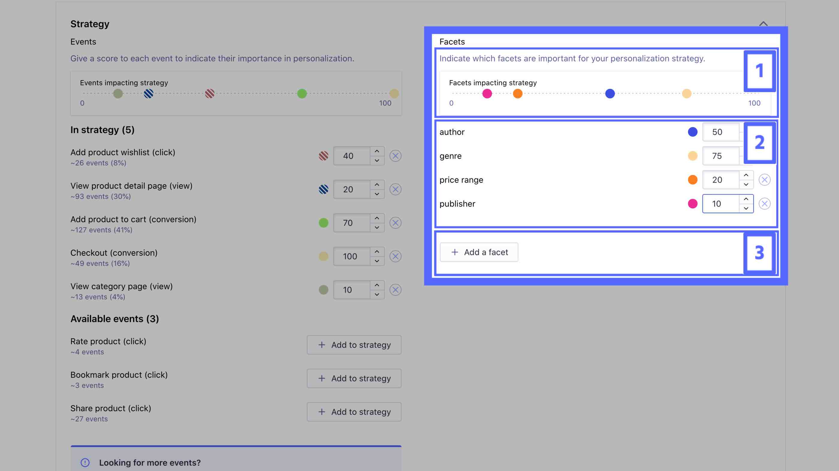 Including and weighting facets using the dashboard