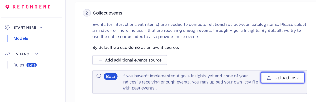 Import a CSV file with historical events for training your Recommend model