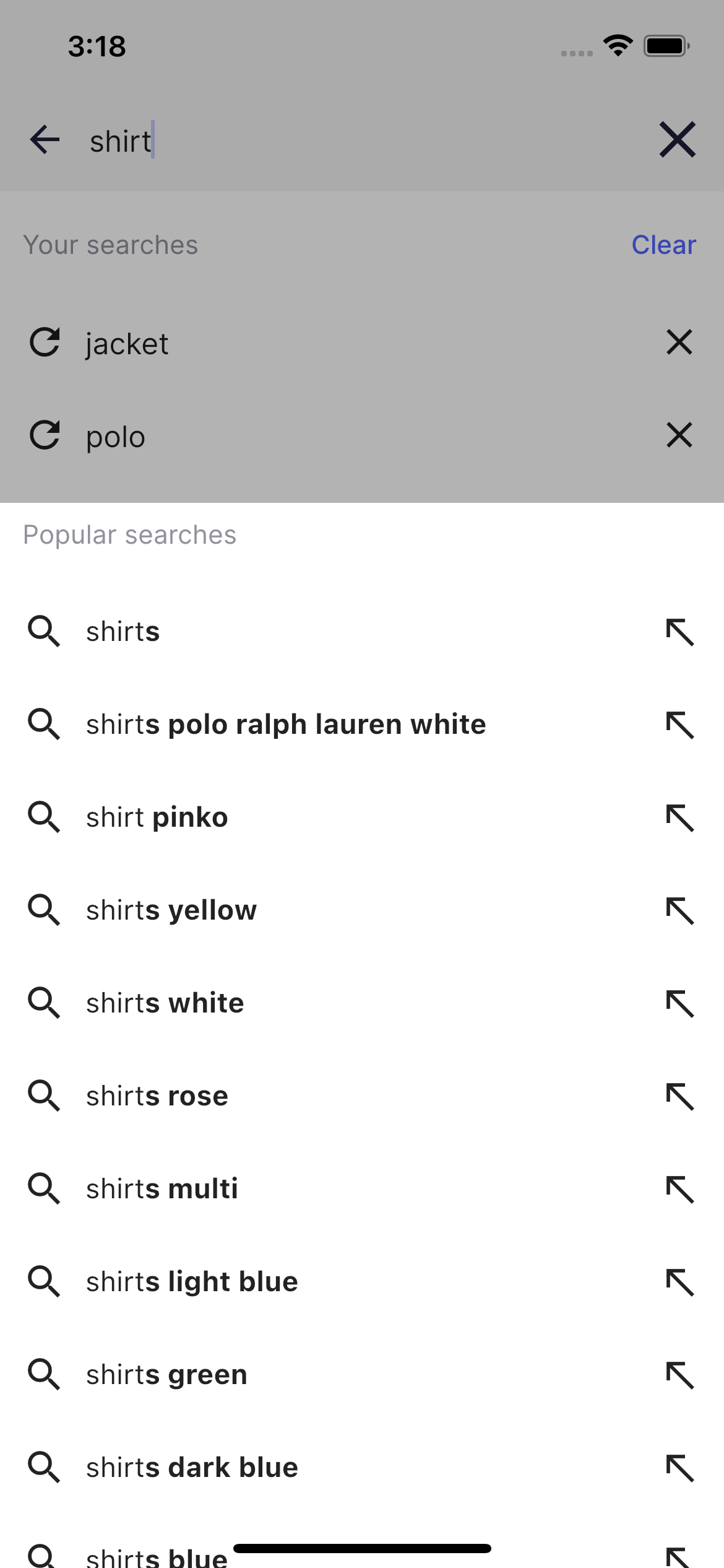 The popular searches section