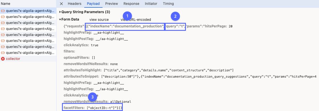 Examining search parameters with browser developer tools