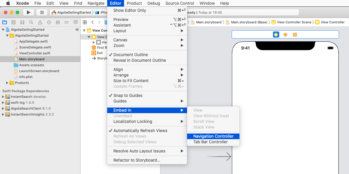 Xcode embed in navigation controller