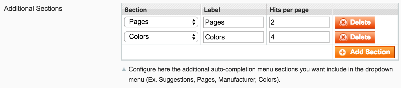 Configuration of additional sections