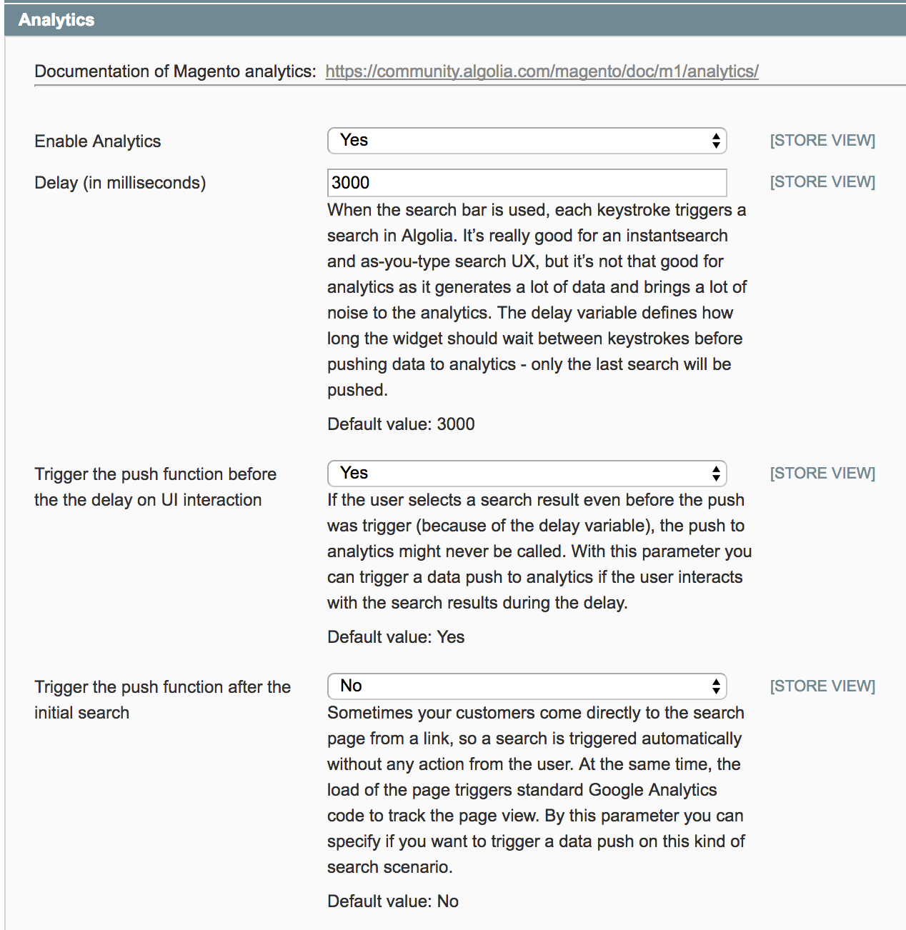 Settings of analytics feature