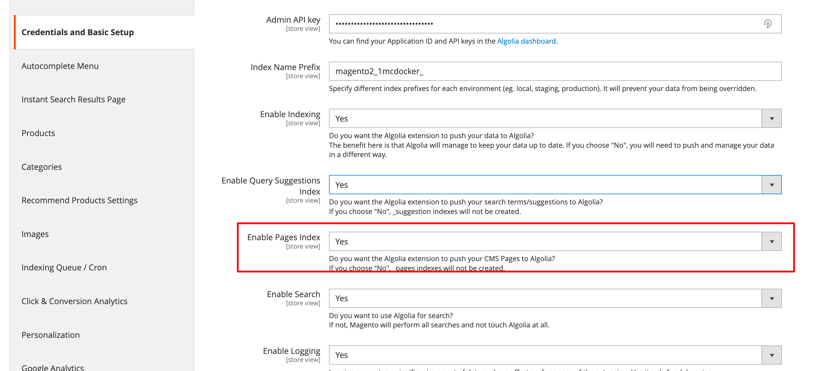 Enable query suggestions index