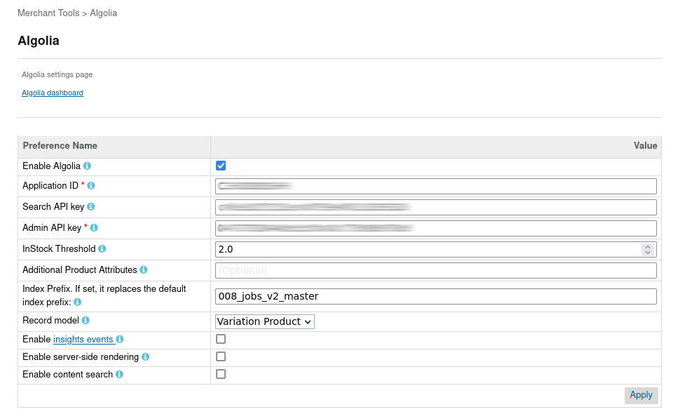 Configure Algolia custom preferences