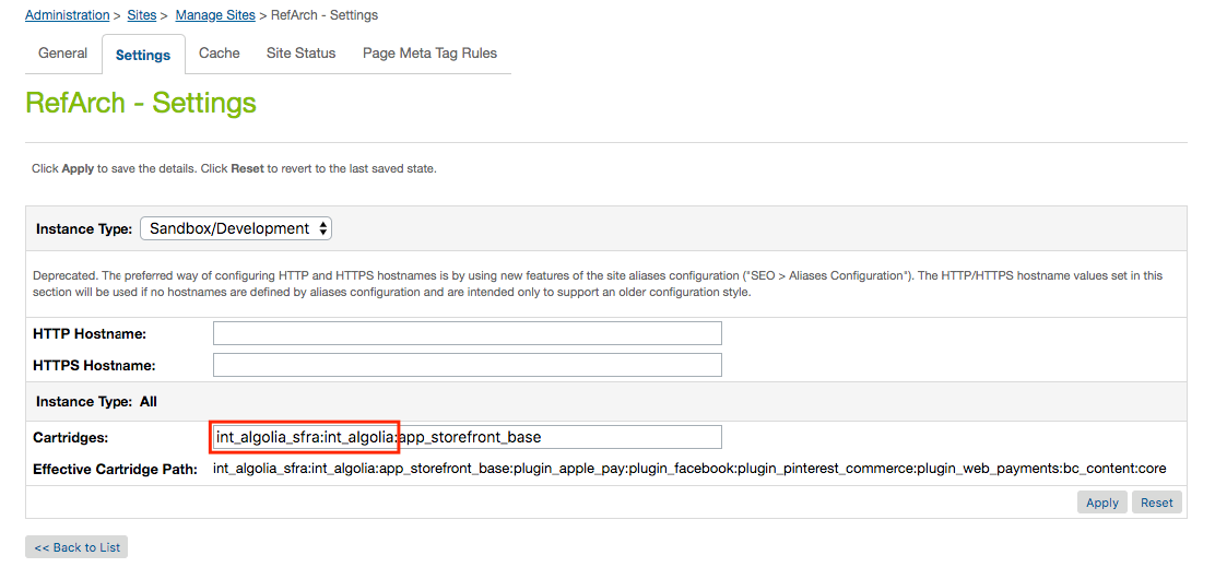 Add the Algolia cartridge to the SFRA site installation cartridge path