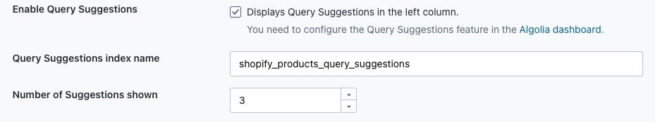 The Query Suggestions options in the Autocomplete configuration screen in the Shopify admin