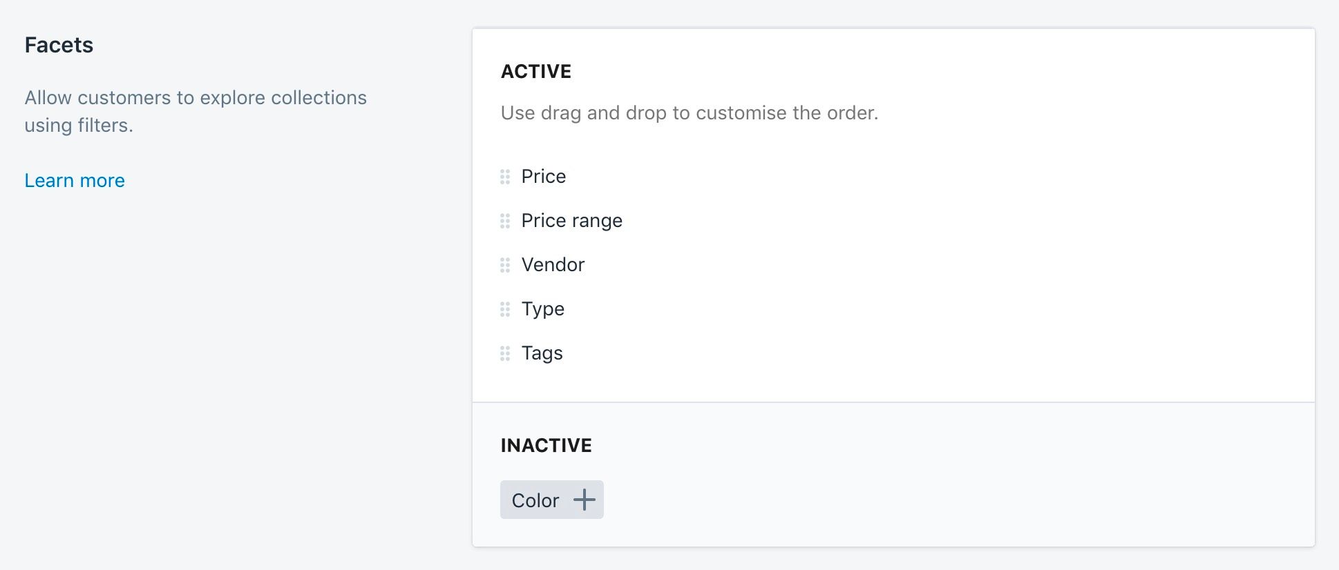 The Collection pages facets settings in the Shopify admin