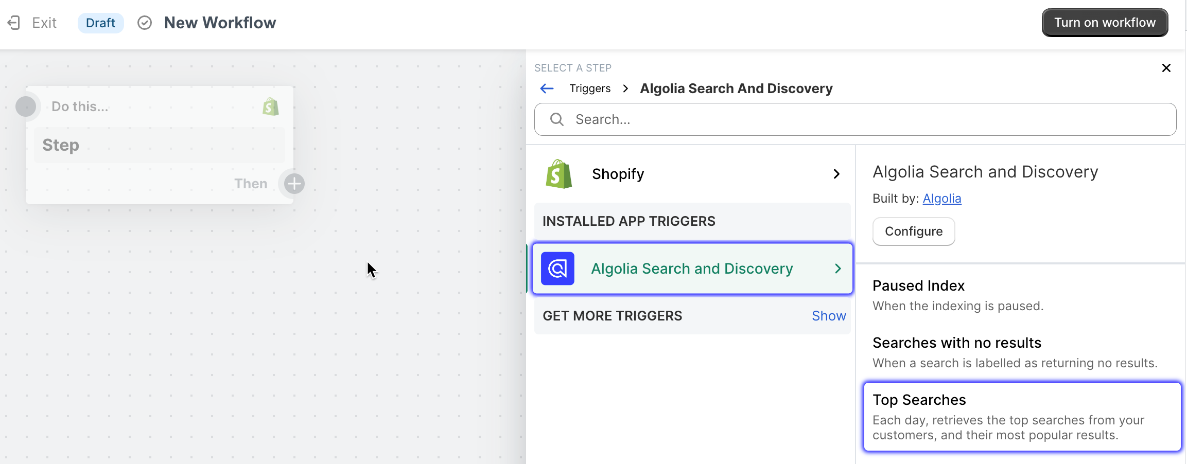 Select the Top searches trigger for your workflow in the Shopify Flow app