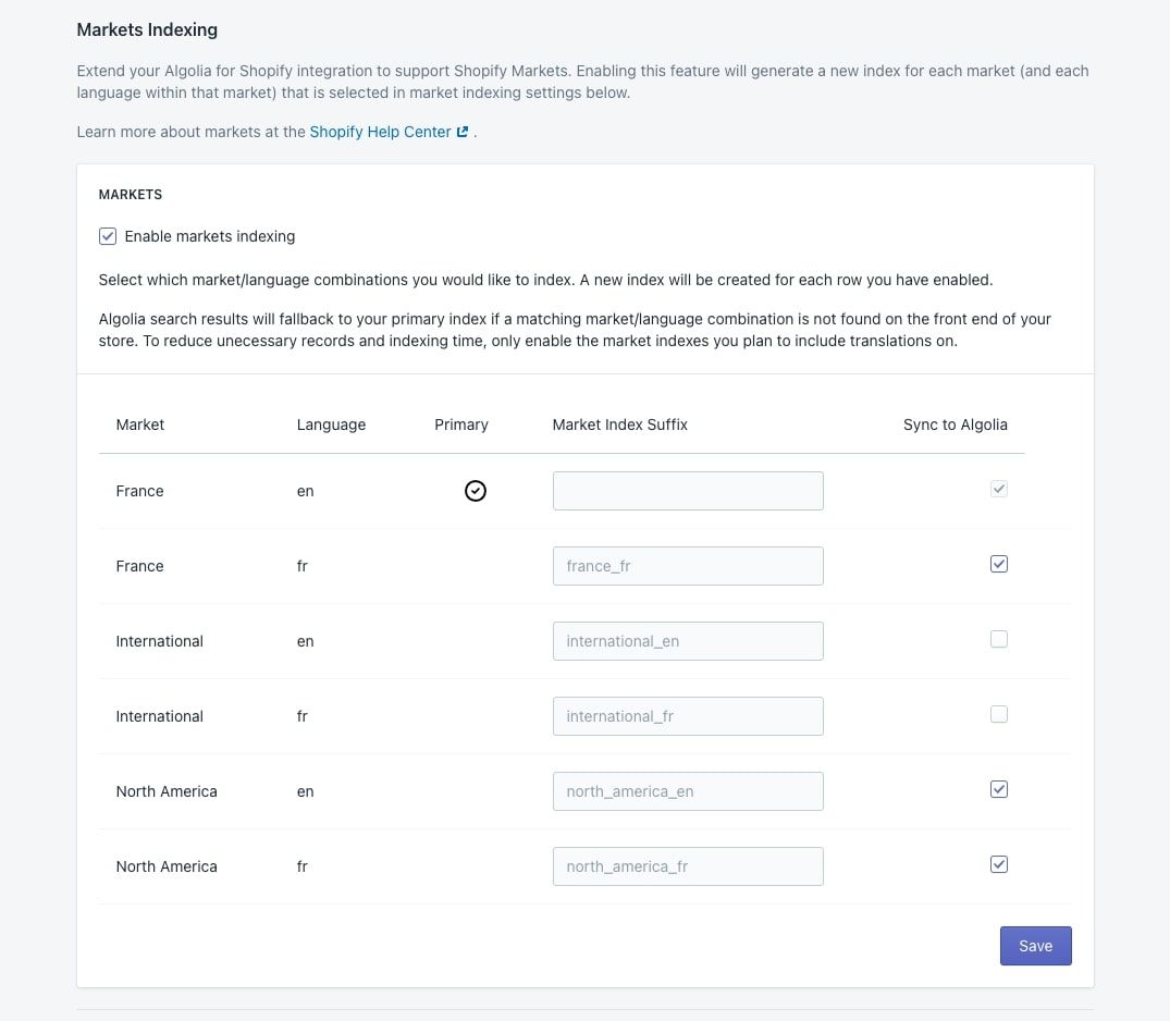 UI of markets indexing after being enabled