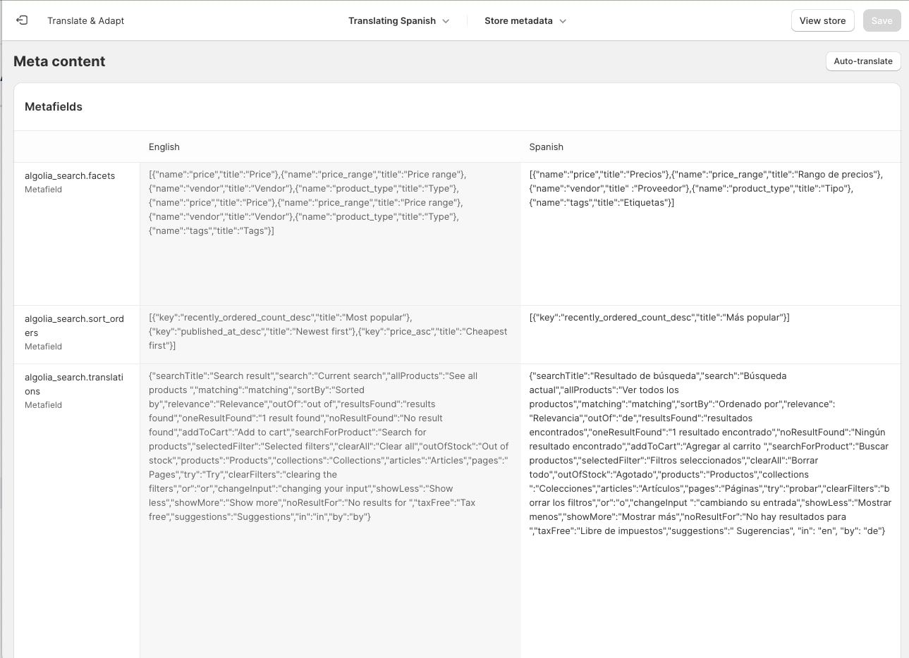 UI of JSON fields to translate Algolia widget text for markets support