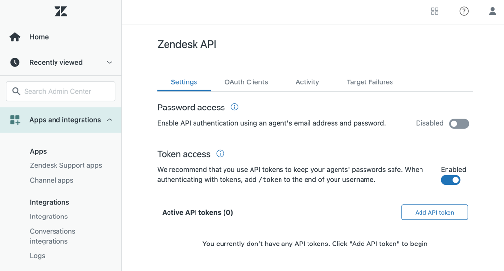 The token access toggle in the Zendesk API page is enabled.