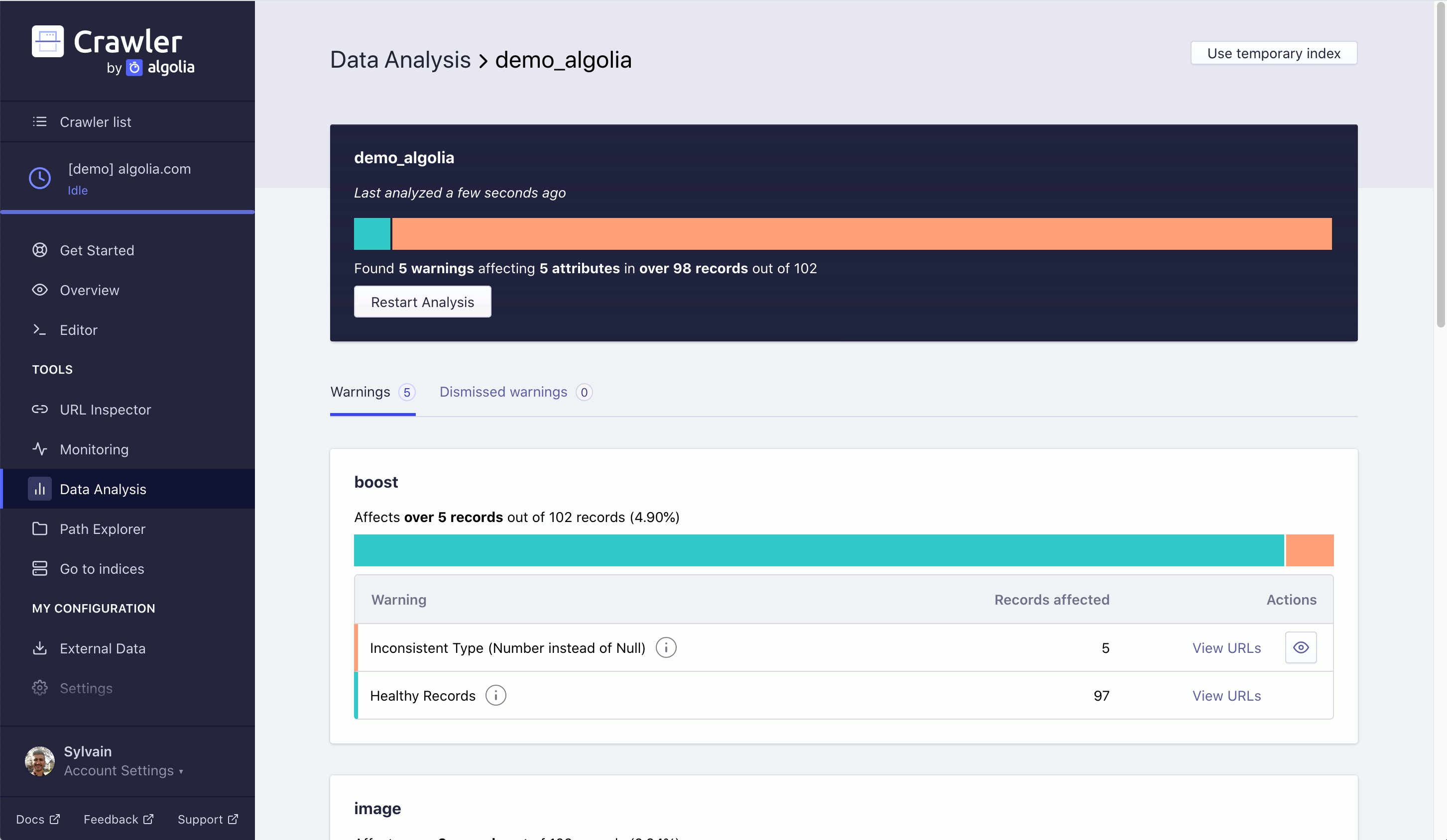 Data Analysis section in the Crawler Admin