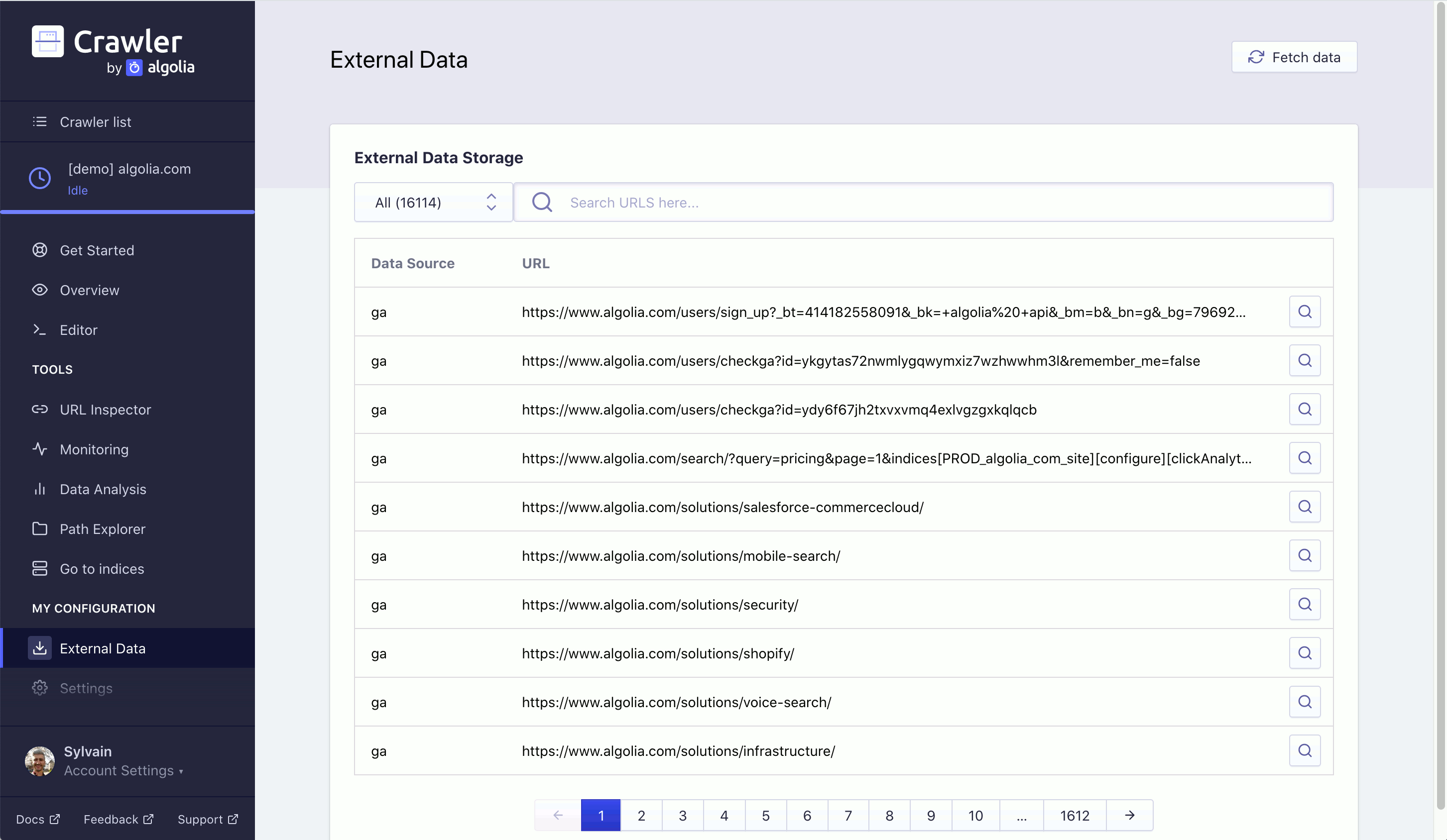 External Data section in the Crawler Admin