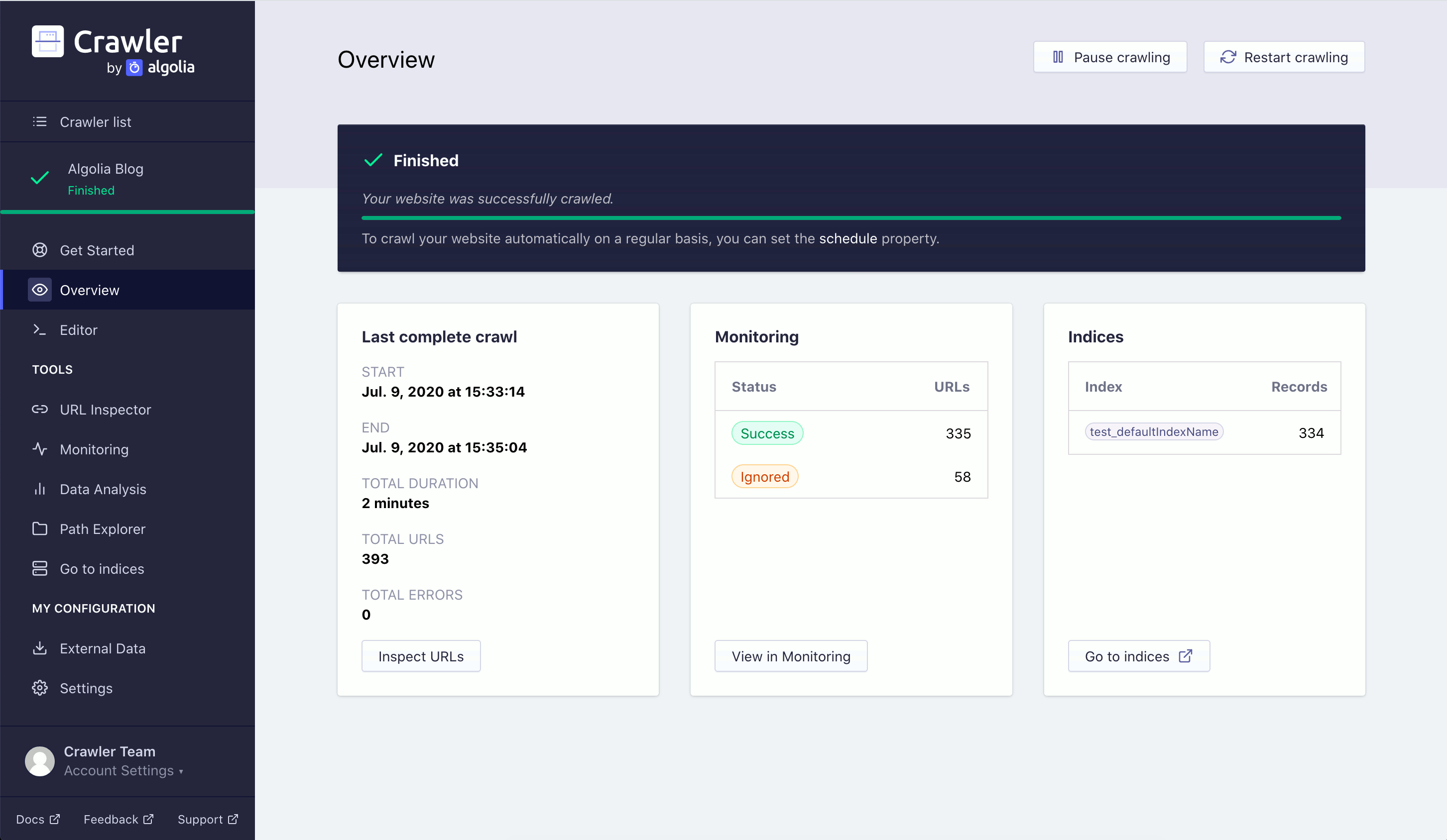 Overview section in the Crawler Admin