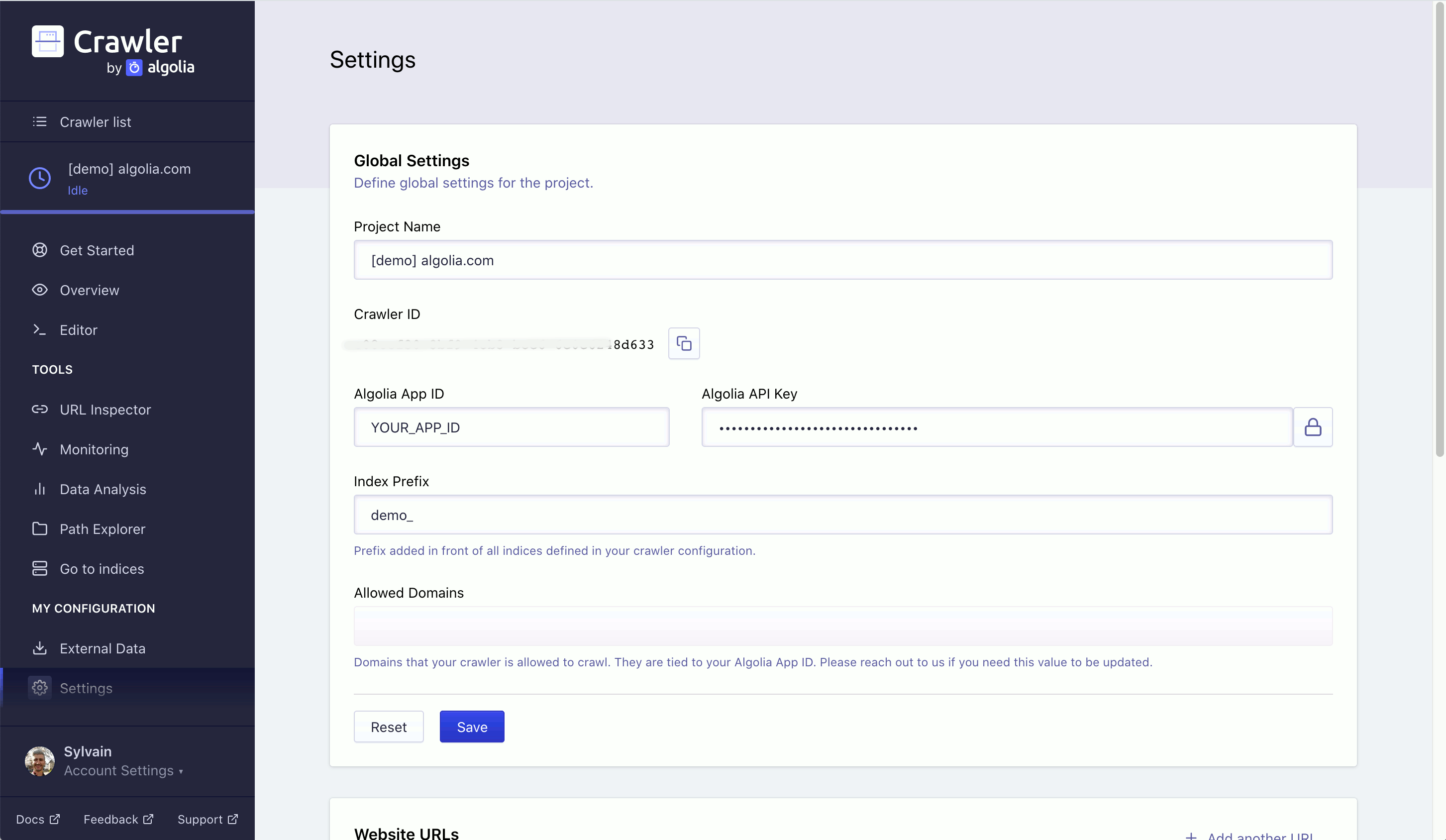 Settings section in the Crawler Admin