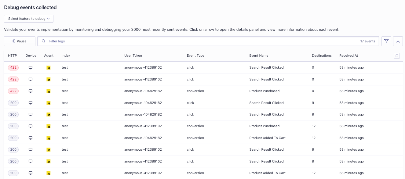 Events debugger in the Algolia dashboard with a table of incoming events.