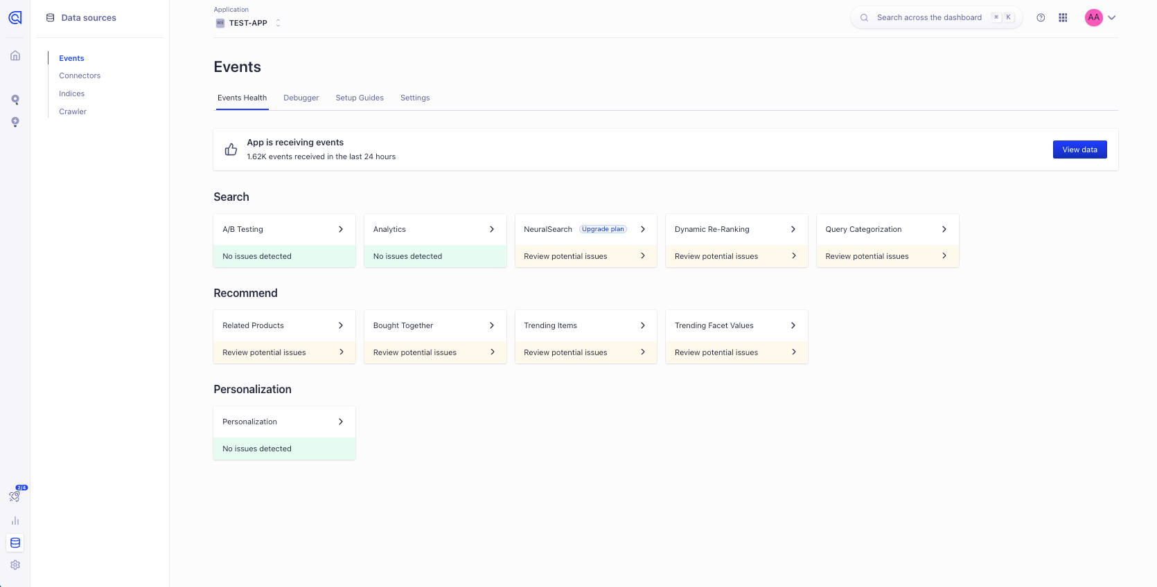 Events health page in the Algolia dashboard.