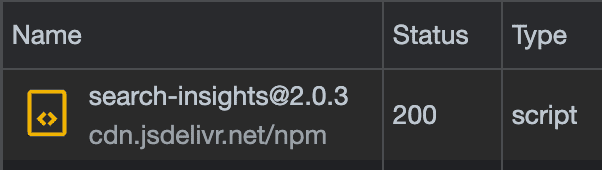 Chrome DevTools network tab shows the search insights library loads correctly with a status 200